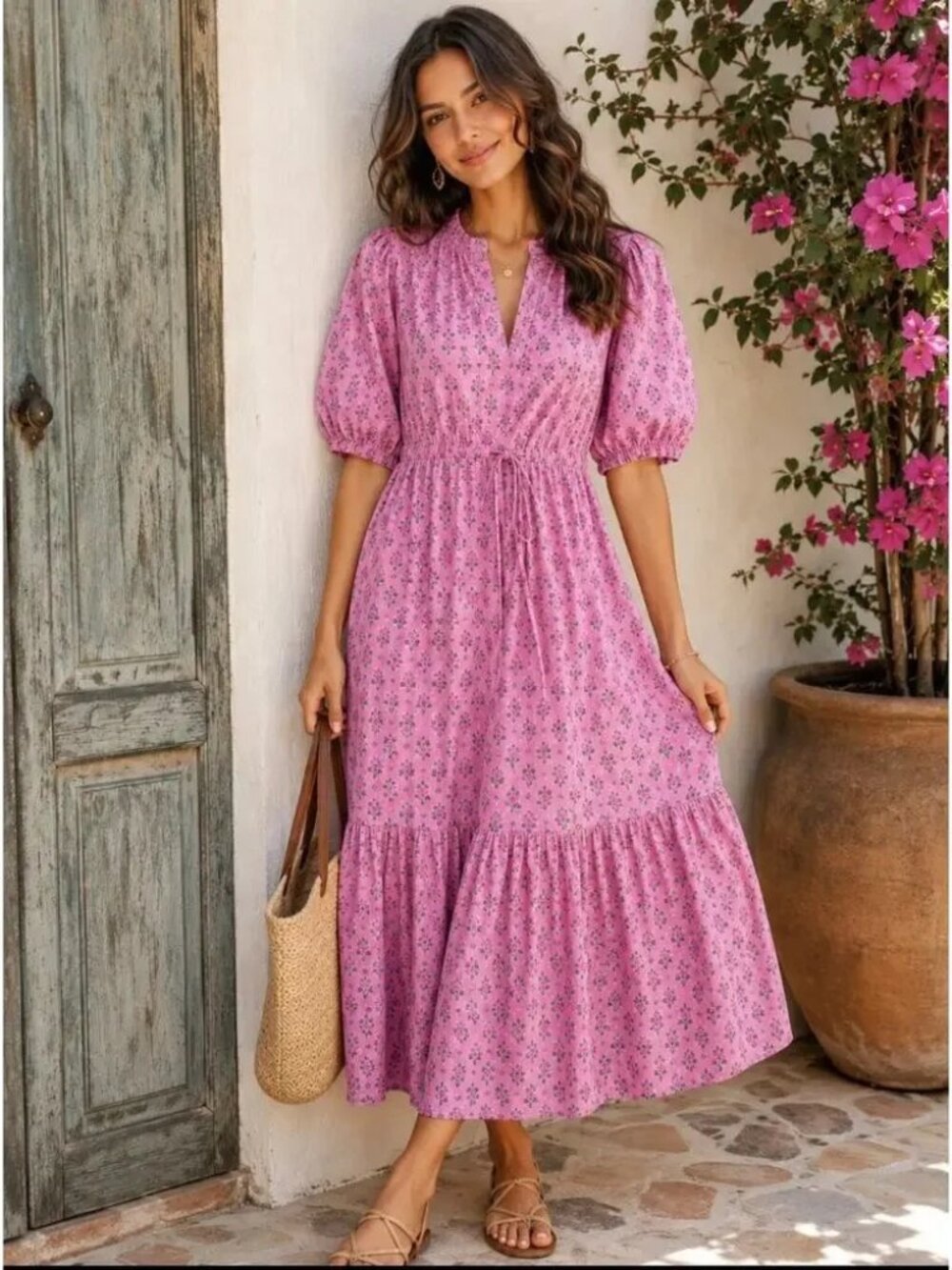 Aureum NWOT Cotton Pink Floral Puff Sleeve Tiered Maxi Dress Size M
